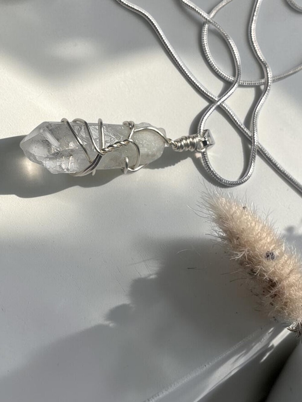 Handwrapped Clear Quartz Pendant Necklace - Silver